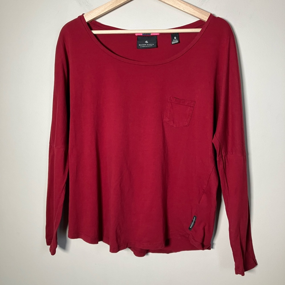 Maison Scotch t-shirt long sleeved tee Cotton boat neck Red women’s size S - Picture 1 of 12